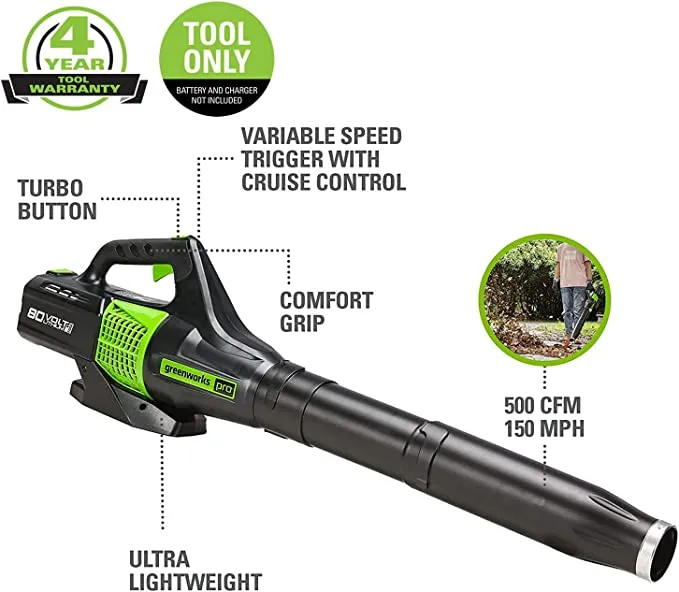 80V 500 CFM Cordless Battery Leaf Blower (Tool Only)