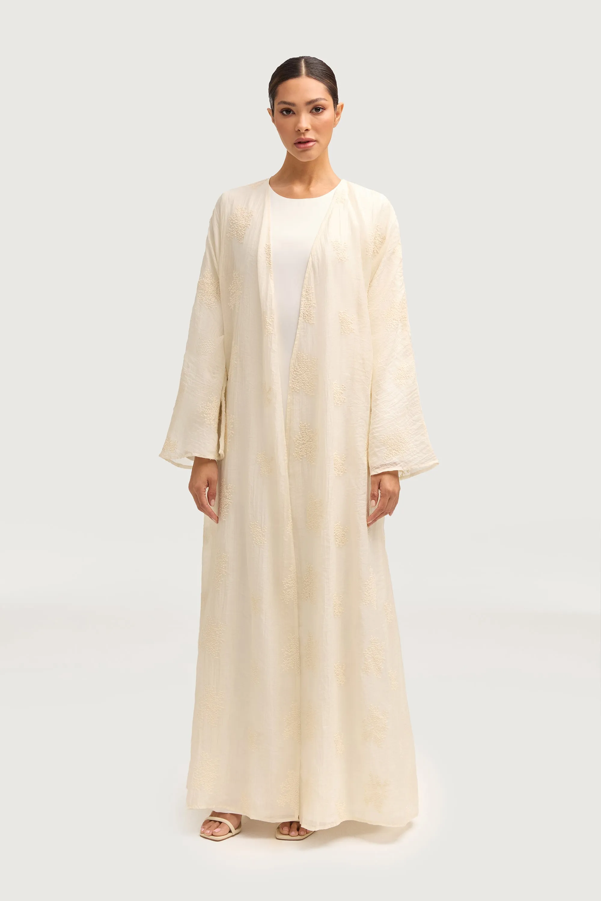 Assiya Embroidered Open Abaya - White