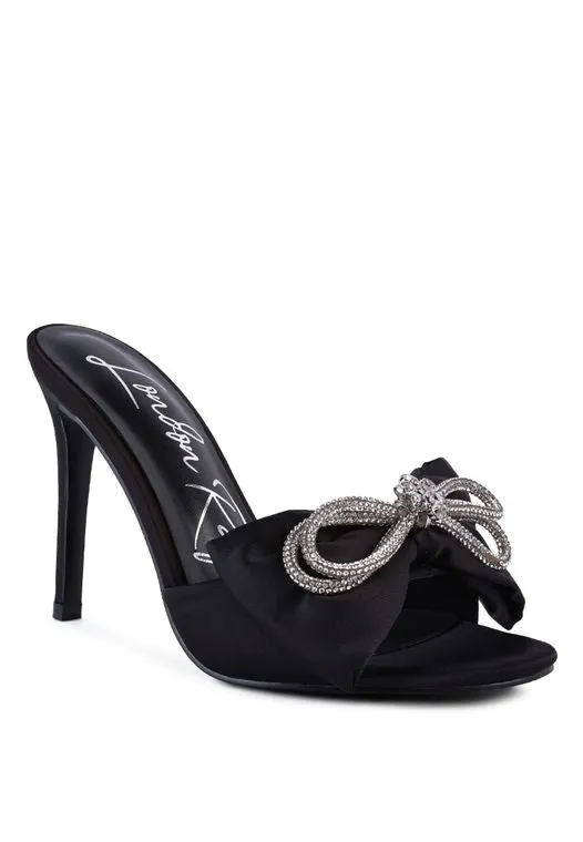 Black Crystal Bow Satin High Heels