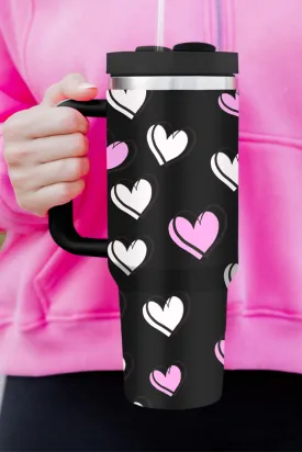 Black Valentines Heart Printed Thermos Cup with Handle 40oz