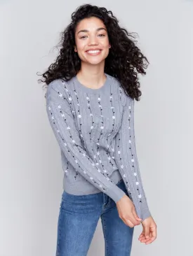 Floral Embroidery Knit Sweater - Grey