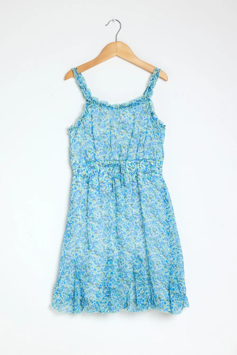 Kids Light Blue White Emma Ruffle Strap Dress