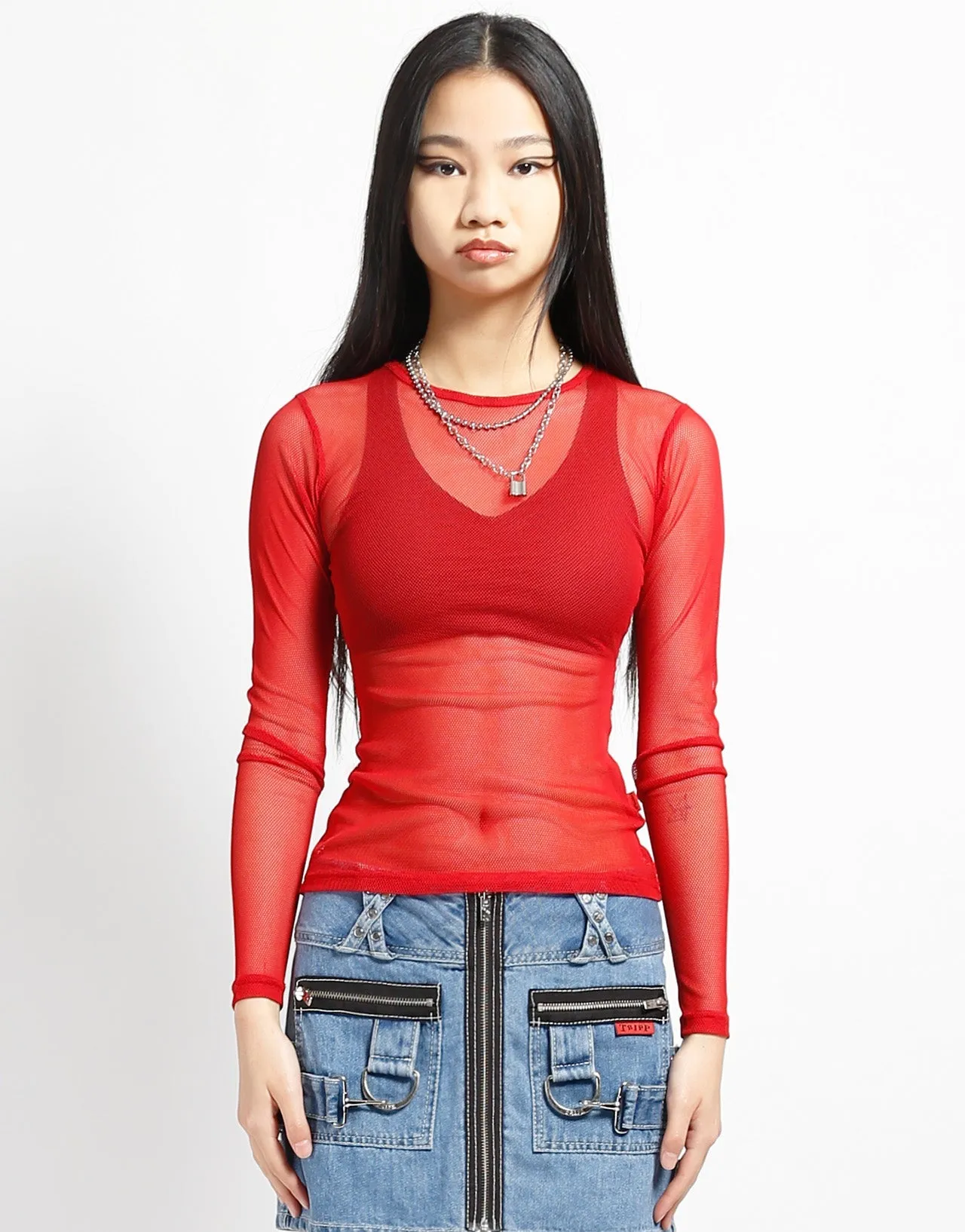 LADIES LONG SLEEVE FISHNET RED