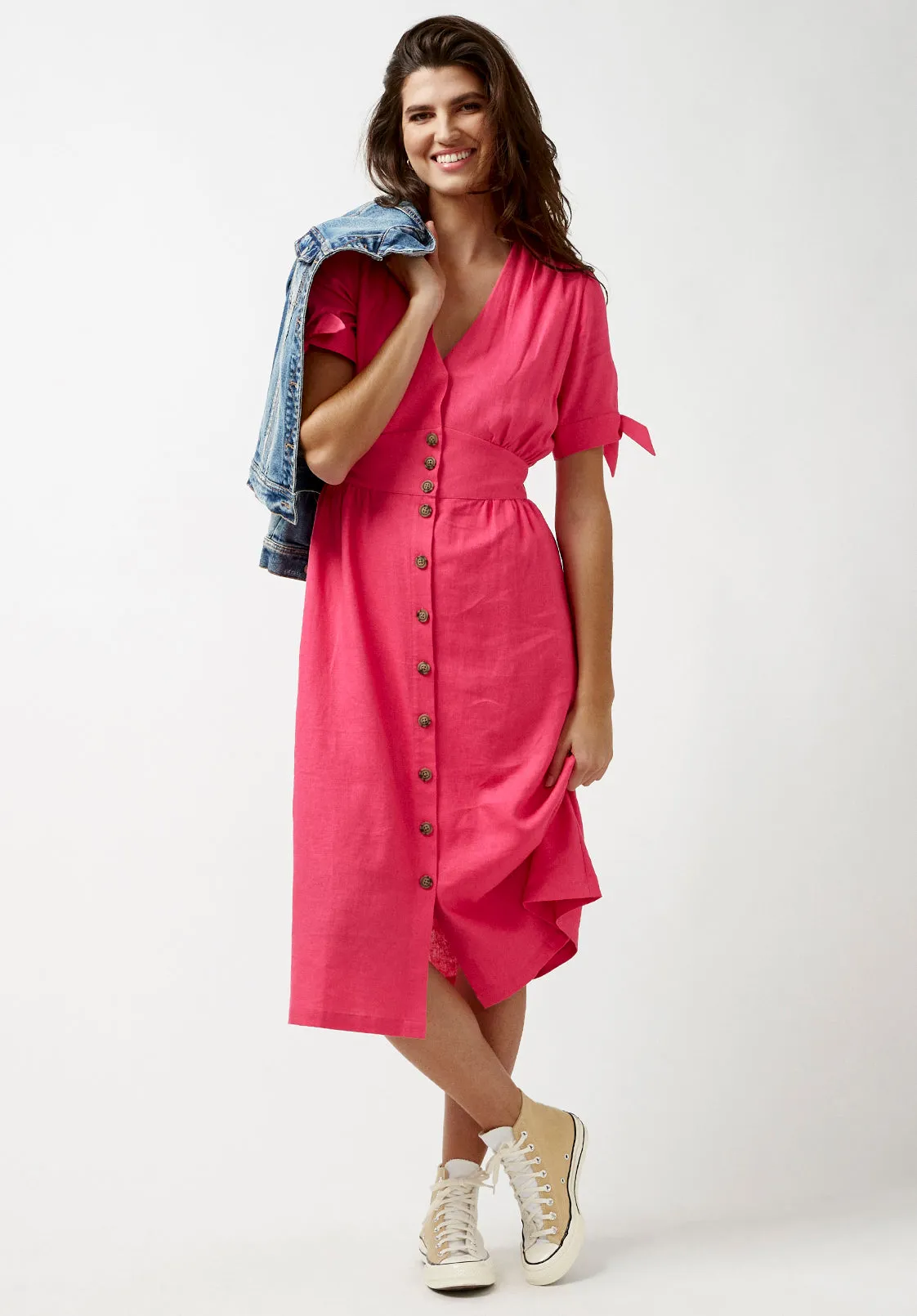 Mariposa Women's Buttoned Linen Dress in Fuchsia - WD0670P