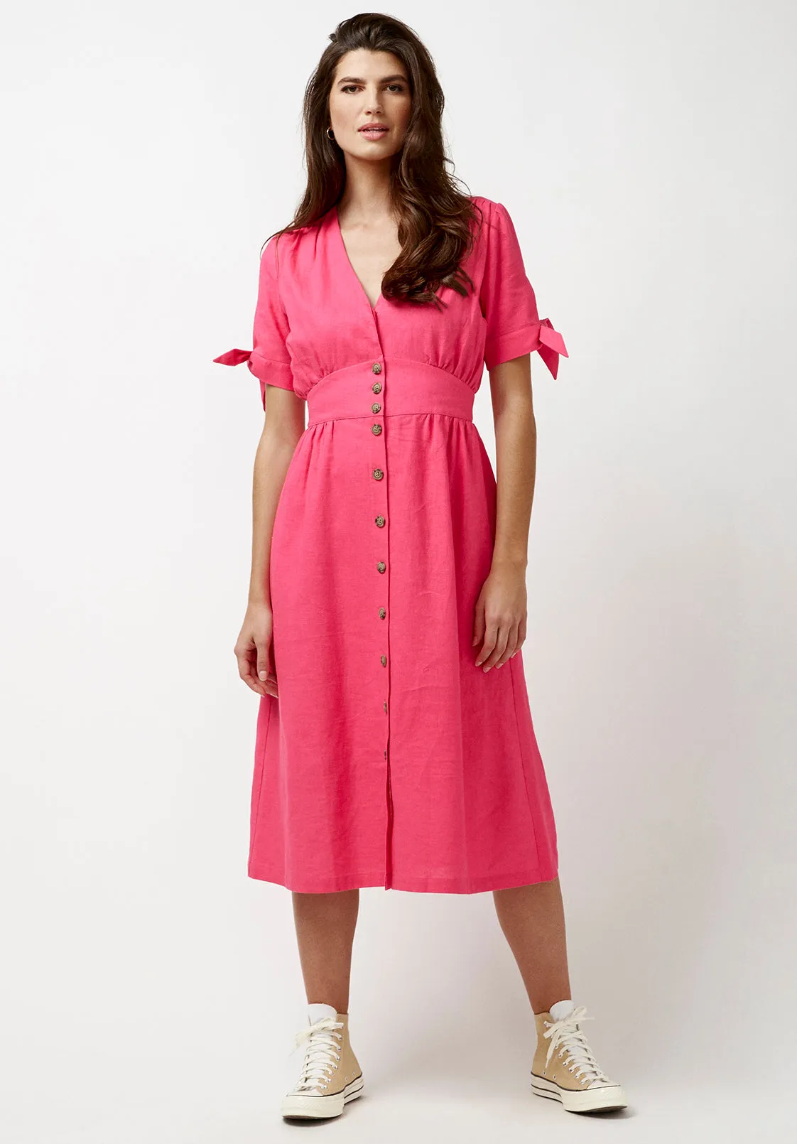 Mariposa Women's Buttoned Linen Dress in Fuchsia - WD0670P