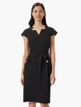 Petite Notched Neckline Belted Crepe Dress