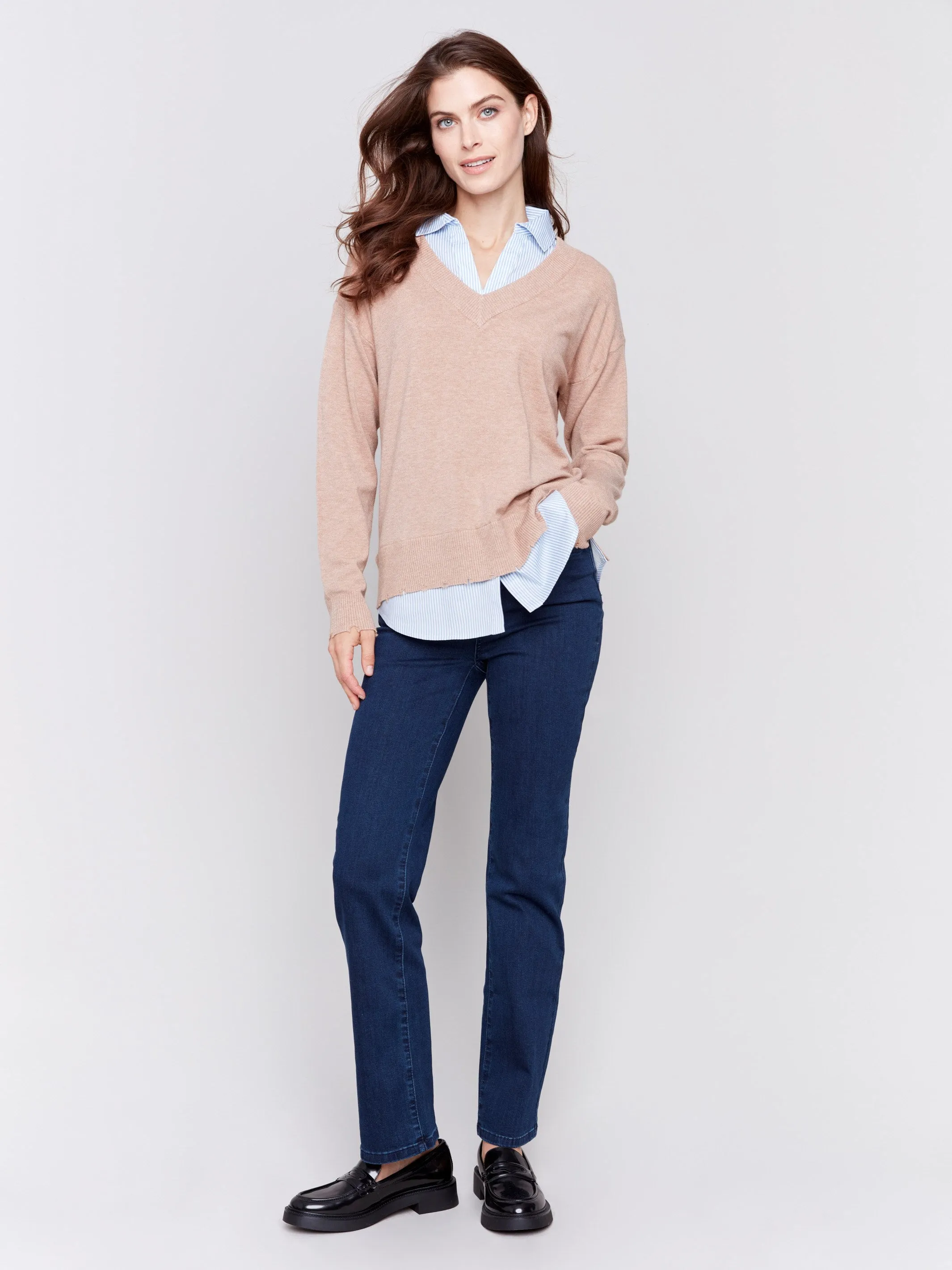 V-Neck Fooler Sweater with Shirt Collar - Caramel