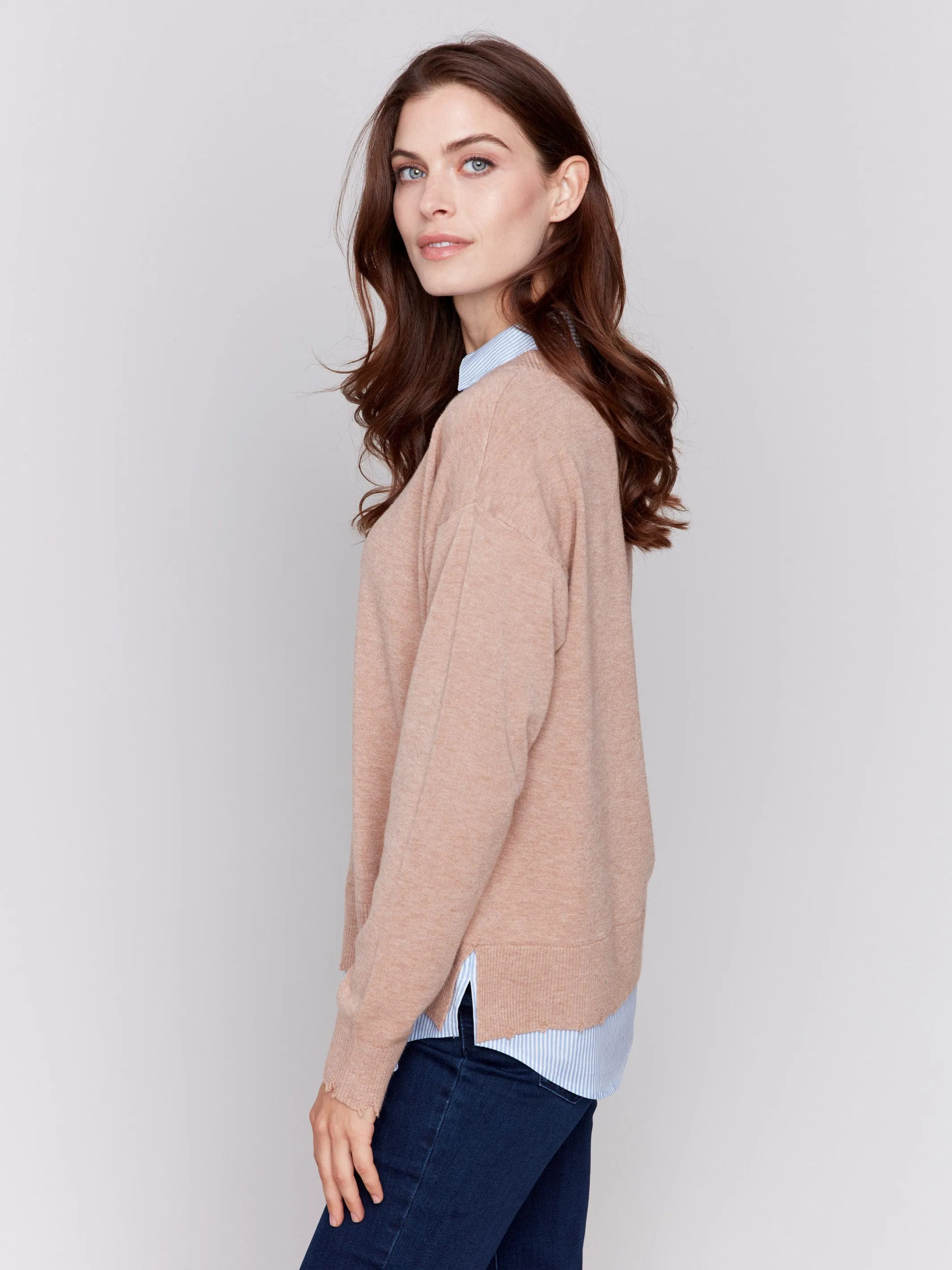 V-Neck Fooler Sweater with Shirt Collar - Caramel